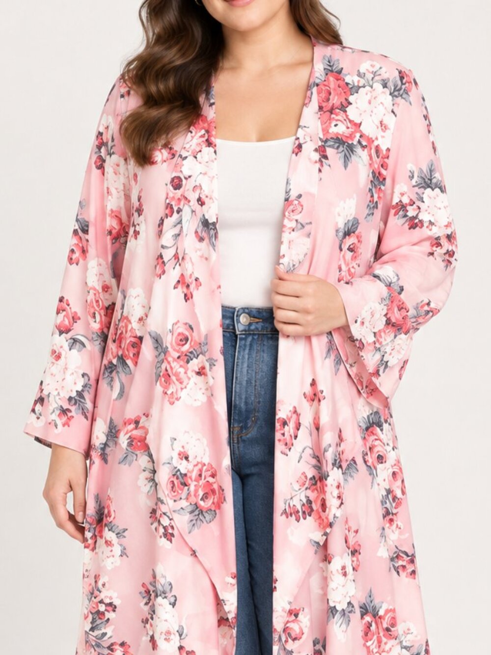 Women Pink Floral Long Sleeves Open Front Long Poncho Cardigan Kimono Medium